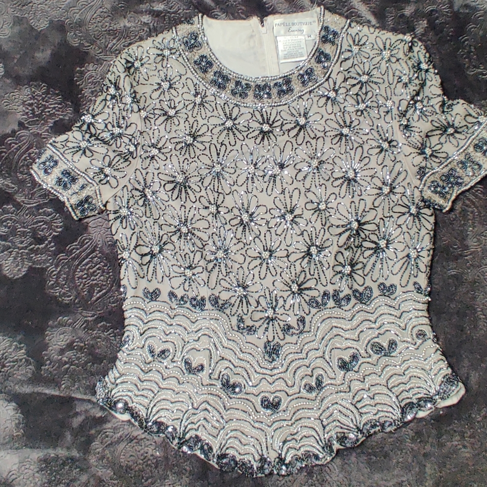 Papell Boutique  Silk Black and Silver Beaded Blouse